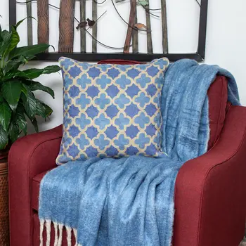 20" Blue and Brown Quatrefoil Wool Throw Pillow With Embroidery