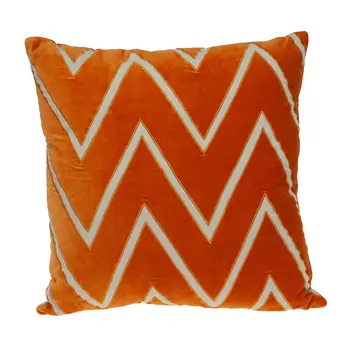 22" Beige and Orange Zigzag Cotton Throw Pillow With Embroidery, Applique