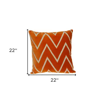 22" Beige and Orange Zigzag Cotton Throw Pillow With Embroidery, Applique