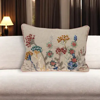 14" X 19" Blue and Beige Floral Cotton Throw Pillow With Embroidery, Beads