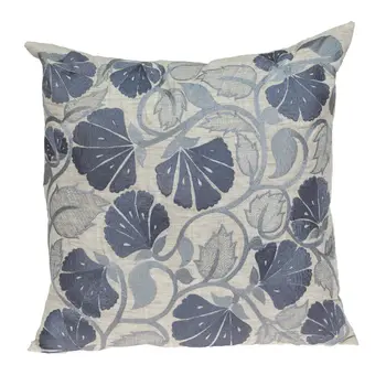 22" Blue and Beige Floral Cotton Throw Pillow With Embroidery