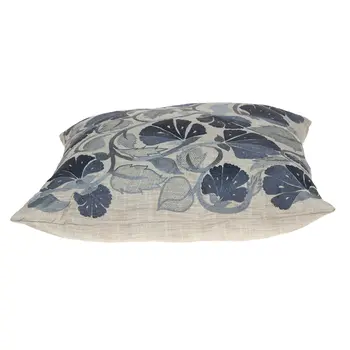 22" Blue and Beige Floral Cotton Throw Pillow With Embroidery