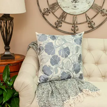 22" Blue and Beige Floral Cotton Throw Pillow With Embroidery