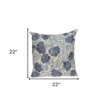 22" Blue and Beige Floral Cotton Throw Pillow With Embroidery
