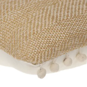 18" Beige and White Weave Cotton Throw Pillow With Pom Poms