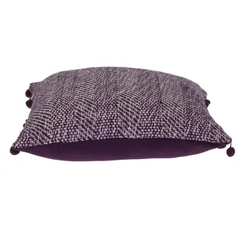 18" Purple and White Weave Cotton Throw Pillow With Pom Poms