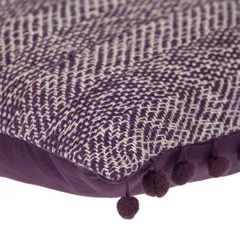 18" Purple and White Weave Cotton Throw Pillow With Pom Poms