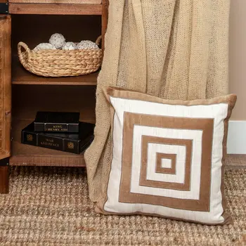 18" Beige and Brown Poly Cotton Blend Throw Pillow with Embroidery and applique