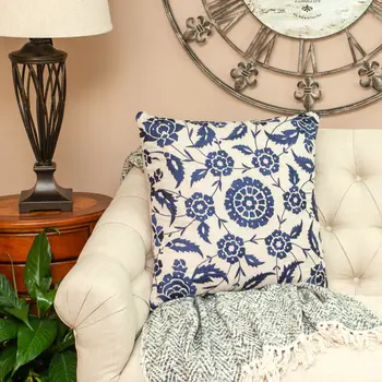 22" Beige and Blue Floral Cotton Throw Pillow With Embroidery