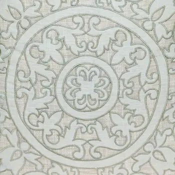 22" Beige and Green Damask Linen Blend Throw Pillow with Embroidery and Applique
