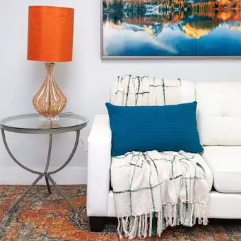 14" X 26" Teal Cotton Lumbar Throw Pillow with Texture