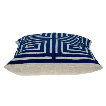 22" Beige and Blue Poly Cotton Blend Throw Pillow with Embroidery and applique