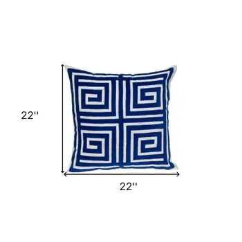 22" Beige and Blue Poly Cotton Blend Throw Pillow with Embroidery and applique