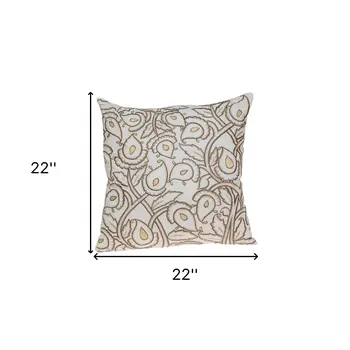 22" Brown and White Cotton Throw Pillow with Embroidery