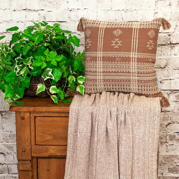 18" Beige and Brown Cotton Throw Pillow with Tassels