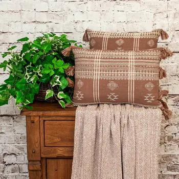 18" Beige and Brown Cotton Throw Pillow with Tassels