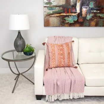 18" Pink and Orange Cotton Throw Pillow with Tassels