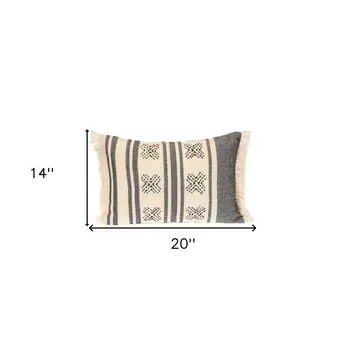 14" X 20" Beige and Black Southwestern Cotton Throw Pillow With Fringe