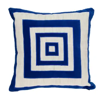 18" Beige and Blue Geometric Cotton Blend Throw Pillow with Embroidery and Applique