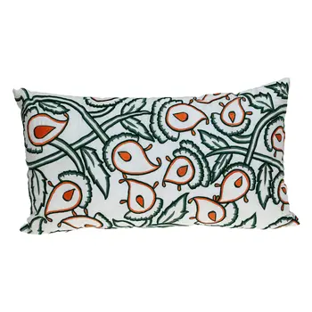 14" X 24" Green and White Cotton Lumbar Throw Pillow with Embroidery