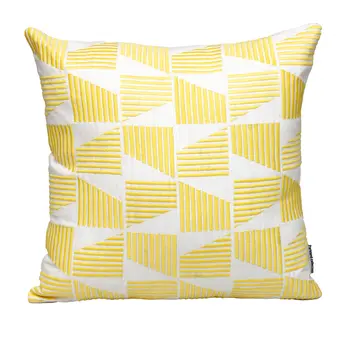 18" Yellow and White Geometric Cotton Throw Pillow With Embroidery