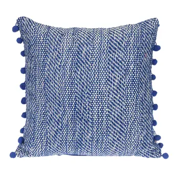 18" Blue and White Weave Cotton Throw Pillow With Pom Poms