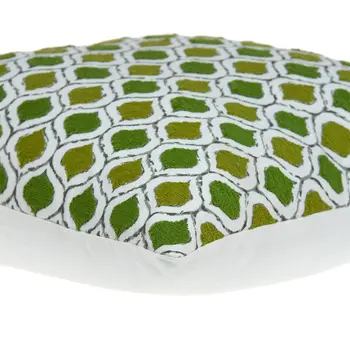 20" Green and White Ogee Cotton Throw Pillow With Embroidery