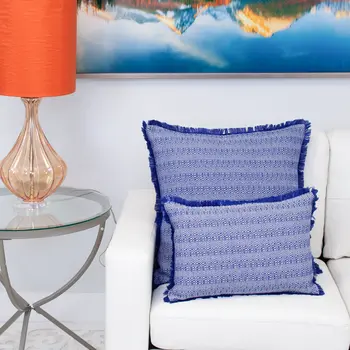 14" X 20" Blue and White Striped Cotton Throw Pillow With Fringe