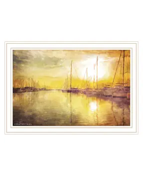 Yellow Sunset Boats In Marina White Framed Print Wall Art