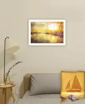 Yellow Sunset Boats In Marina White Framed Print Wall Art