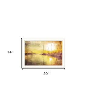 Yellow Sunset Boats In Marina White Framed Print Wall Art