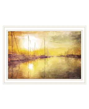 Yellow Sunset Boats In Marina White Framed Print Wall Art