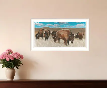 Bison Herd White Framed Print Wall Art