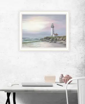 Lighthouse at Sunset White Framed Print Wall Art