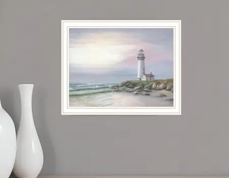 Lighthouse at Sunset White Framed Print Wall Art