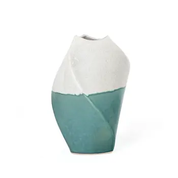 12" Green and Ivory Ombre Wavy Ceramic Table Vase