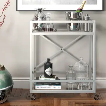 Nickel Steel And Glass Rolling Bar Cart