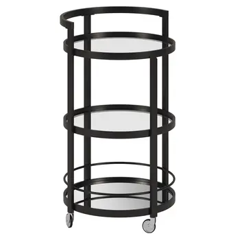 21" Black Steel and Glass Round Rolling Bar Cart