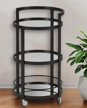 21" Black Steel and Glass Round Rolling Bar Cart