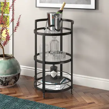 21" Black Steel and Glass Round Rolling Bar Cart