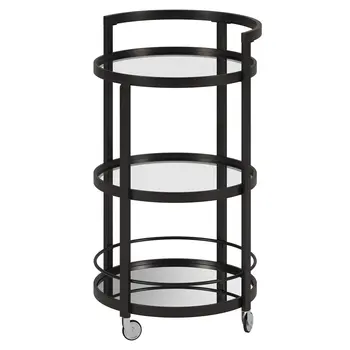 21" Black Steel and Glass Round Rolling Bar Cart