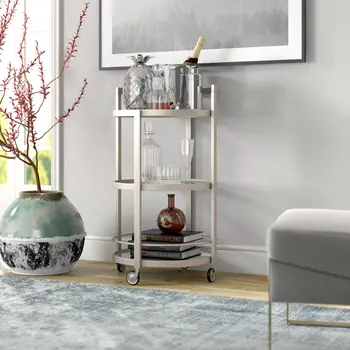 Nickel Steel And Glass Round Rolling Bar Cart