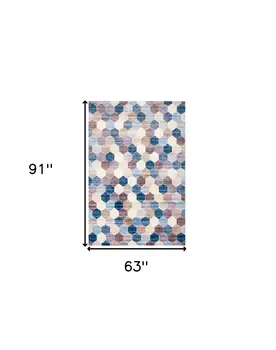 5' X 8' Ivory and Blue Geometric Distressed Area Rug
