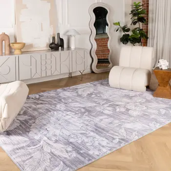 4' X 6' Gray and Beige Floral Area Rug