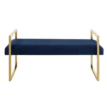 48" Navy Blue and Gold Velvet Upholstered Bench
