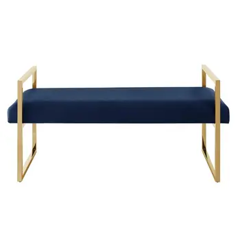 48" Navy Blue and Gold Velvet Upholstered Bench