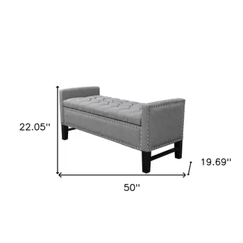 50" Light Gray and Black Upholstered Linen Bench with Flip top