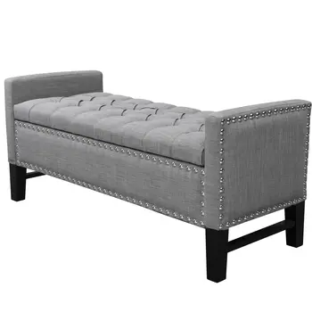 50" Light Gray and Black Upholstered Linen Bench with Flip top
