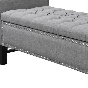 50" Light Gray and Black Upholstered Linen Bench with Flip top