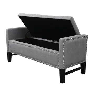 50" Light Gray and Black Upholstered Linen Bench with Flip top